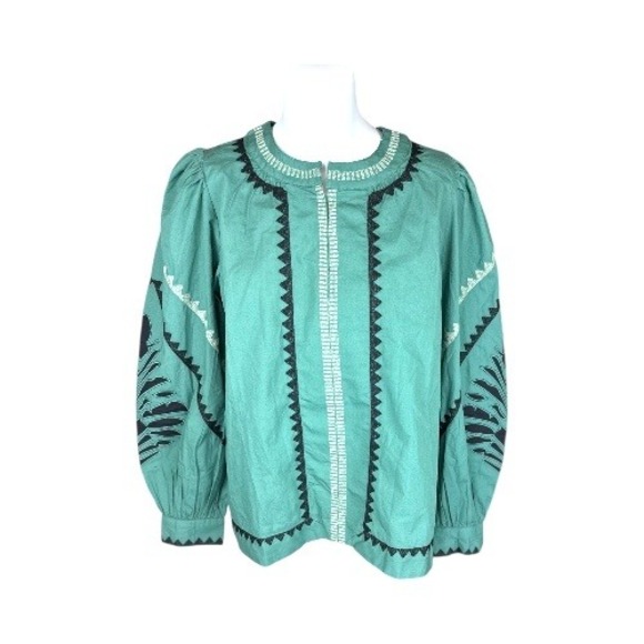 SONMER NWT SZ XL Black Embroidered Green Puff Sleeve 1/4 hook Top Boho Festival - Picture 6 of 15